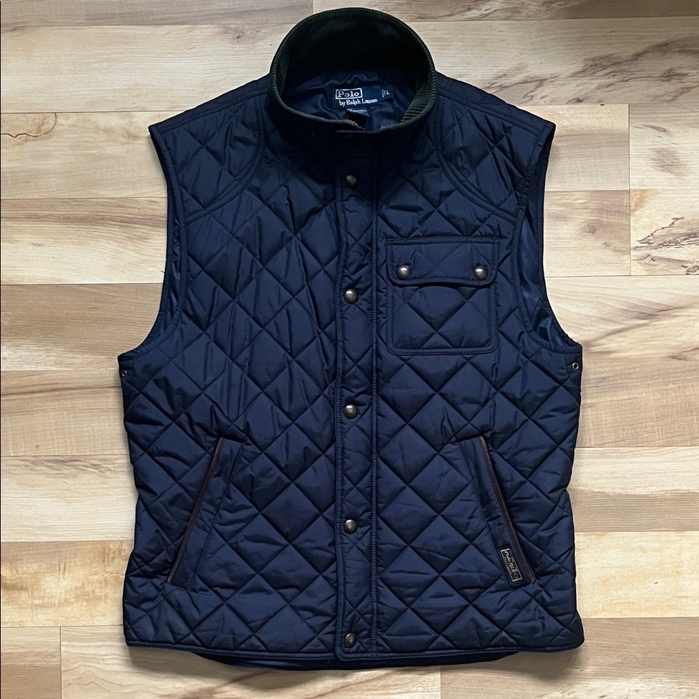 Polo Ralph Lauren Iconic Quilted Vest Navy Blue Leather Trim Men's Large
